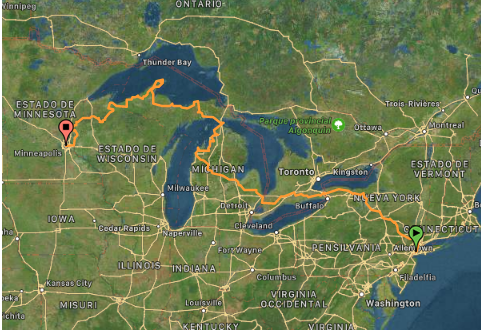 Mapa de viaje en bicicleta de Nueva York a Minneapolis