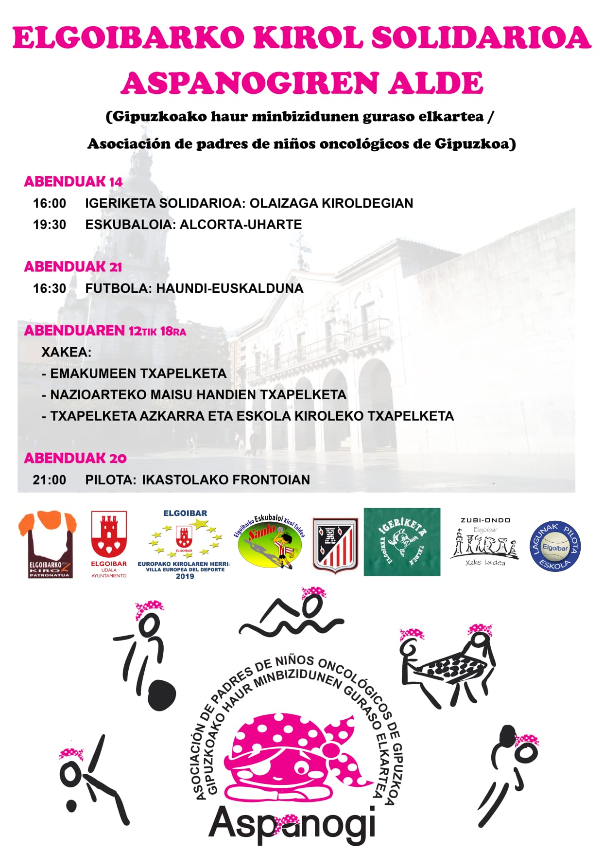 Cartel de eventos solidarios en Elgoibar a favor de Aspanogi